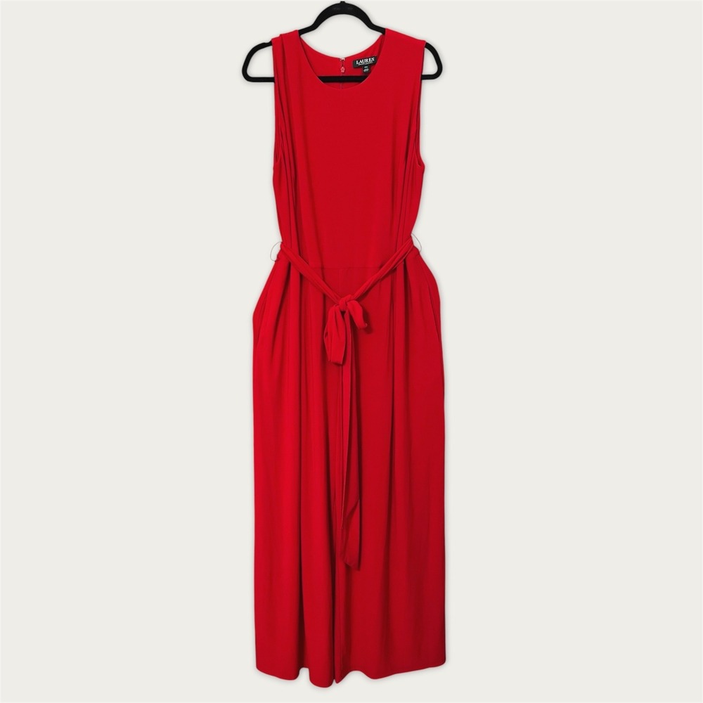 Ralph Lauren Plus Size 18W Red Jumpsuit Stretch Wide Leg Belt Sleeveless Pockets